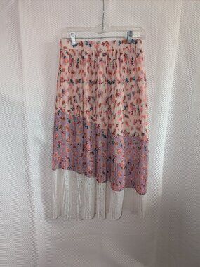 Anthropologie LAIA Pleated Floral Midi Skirt Lace Romantic Feminine Size Small